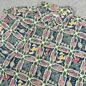 Reyn Spooner Shirt Mens XL Reverse Print Patriotic Tropical Birds Flags Fish